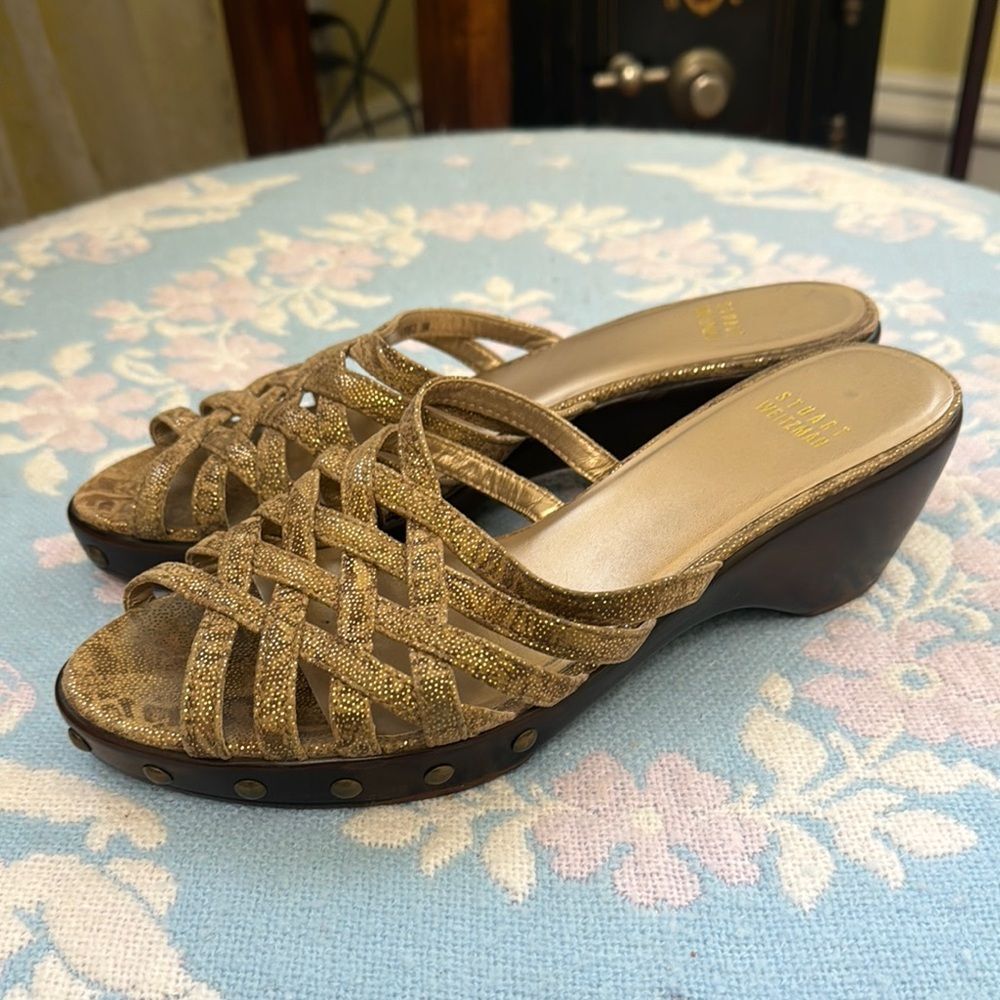 Stuart Weitzman Boho Metallic Gold Clog Style Wed… - image 3
